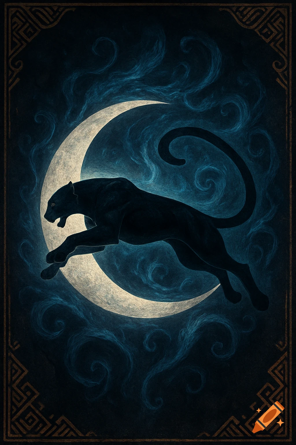 A black panther leaping over a crescent moon against a swirling blue night sky, framed by an ornate border.