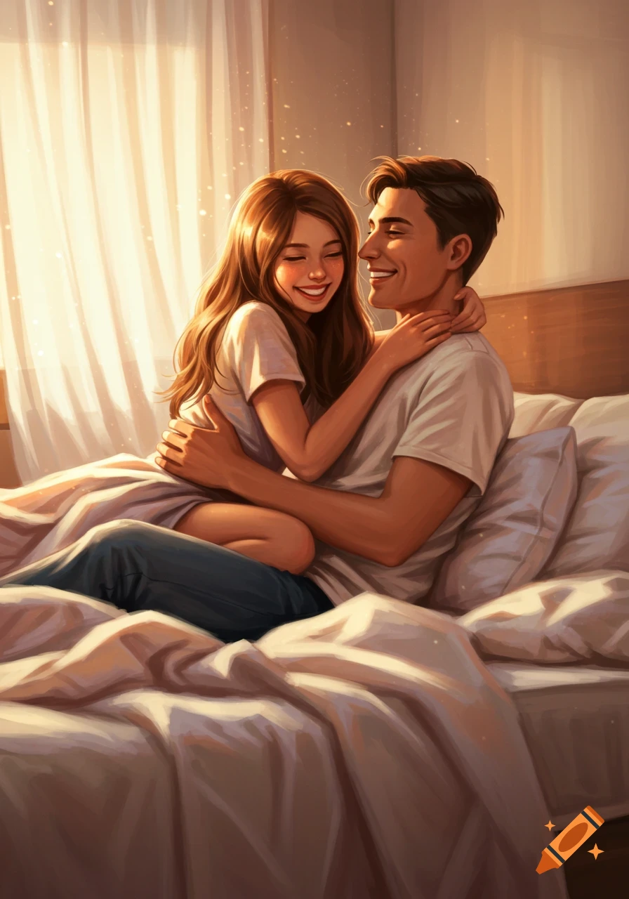 Happy couple embracing in bed, illuminated by warm sunlight from a window, in a digital art style.