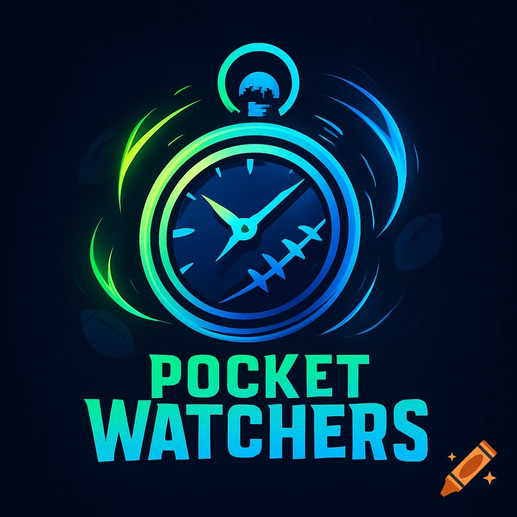 A vibrant green and blue logo featuring a stopwatch with football details and the text 'POCKET WATCHERS'.