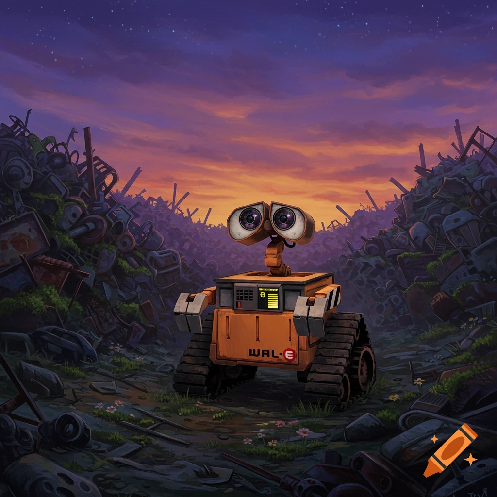 The robot WALL-E stands in a massive junkyard at sunset, looking up. Illustrated in a detailed animation style.
