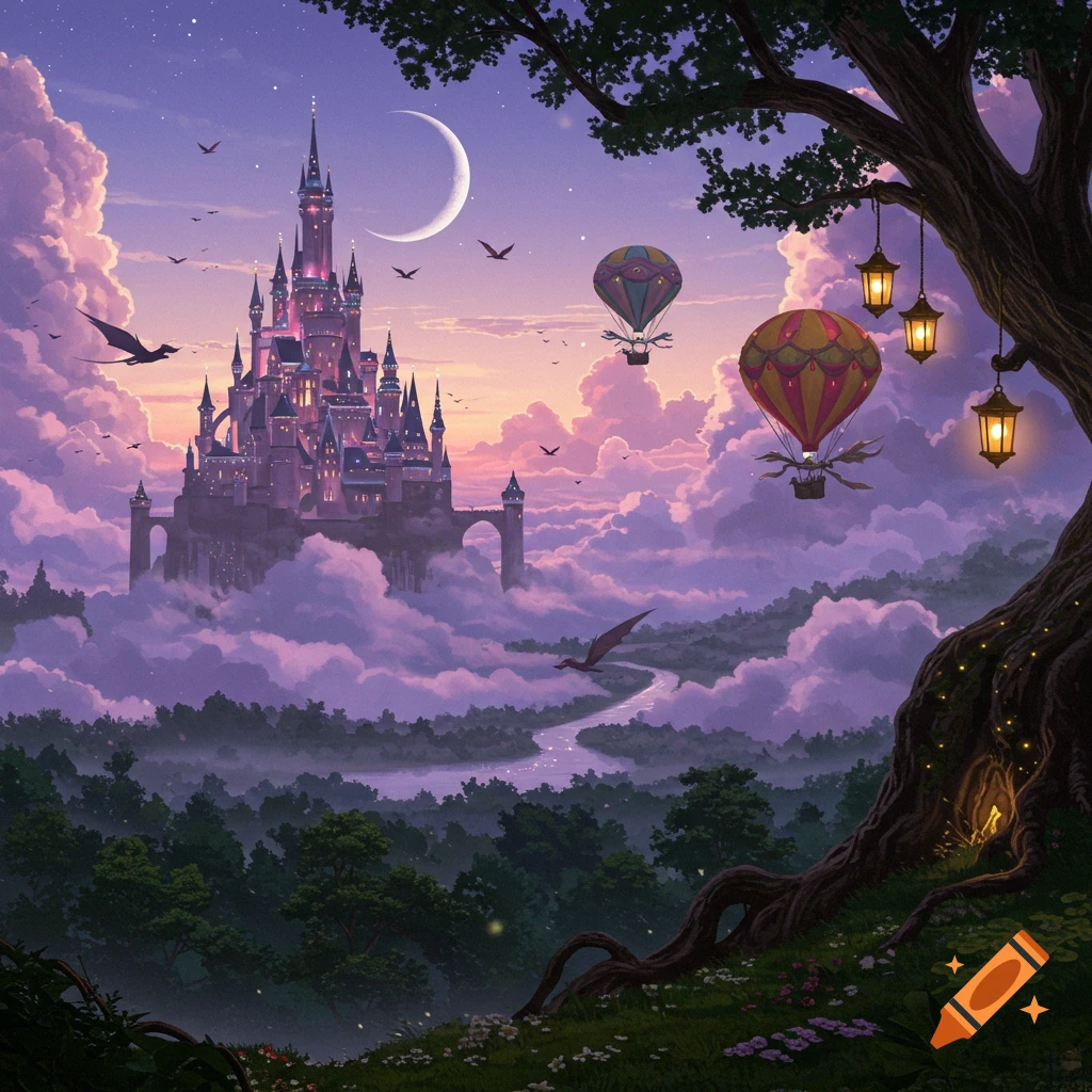 A whimsical fantasy landscape with a grand castle emerging from purple clouds, hot air balloons, and a crescent moon at twilight.