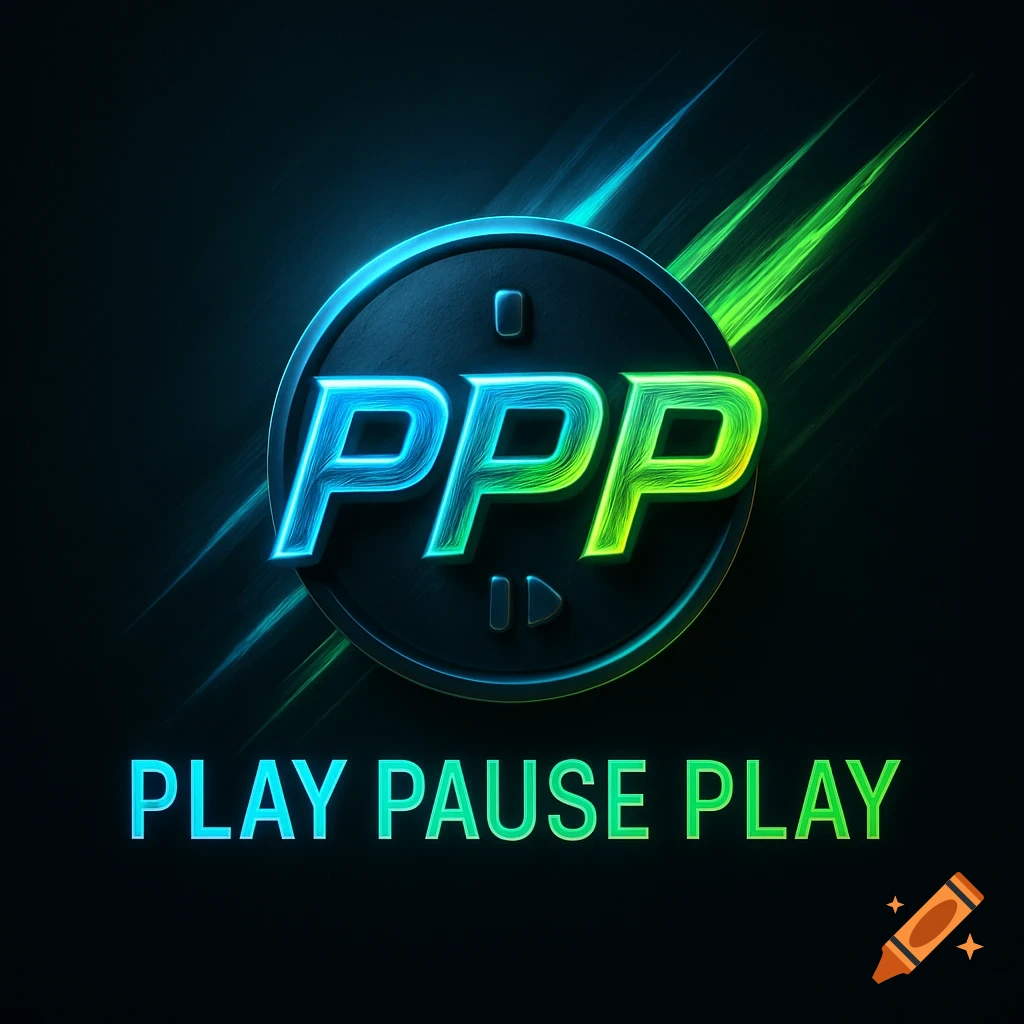 Blue and green neon logo for 'Play Pause Play' gaming channel with 'PPP' in a circular emblem and text below.
