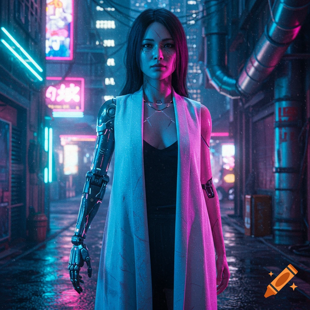 A Japanese woman with a cybernetic arm, wearing a white haori and black camisole, stands in a neon-lit cyberpunk alley.