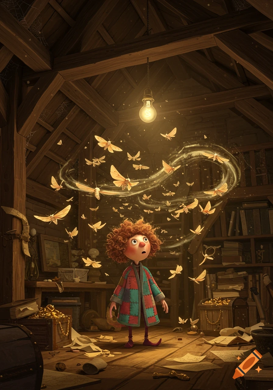A whimsical cartoon child with red curly hair looks up at a swarm of glowing moths in a dusty, treasure-filled attic, lit by a single bulb.
