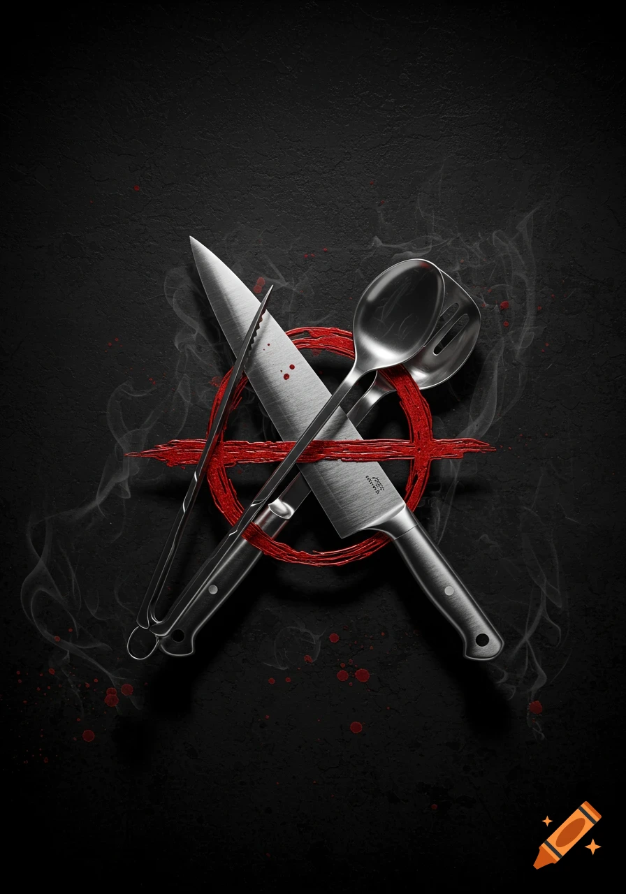 Dark, stylized image with a chef's knife, kitchen tongs, and slotted spoon forming an X over a red anarchy symbol on a black background, with smoke and red splatters.