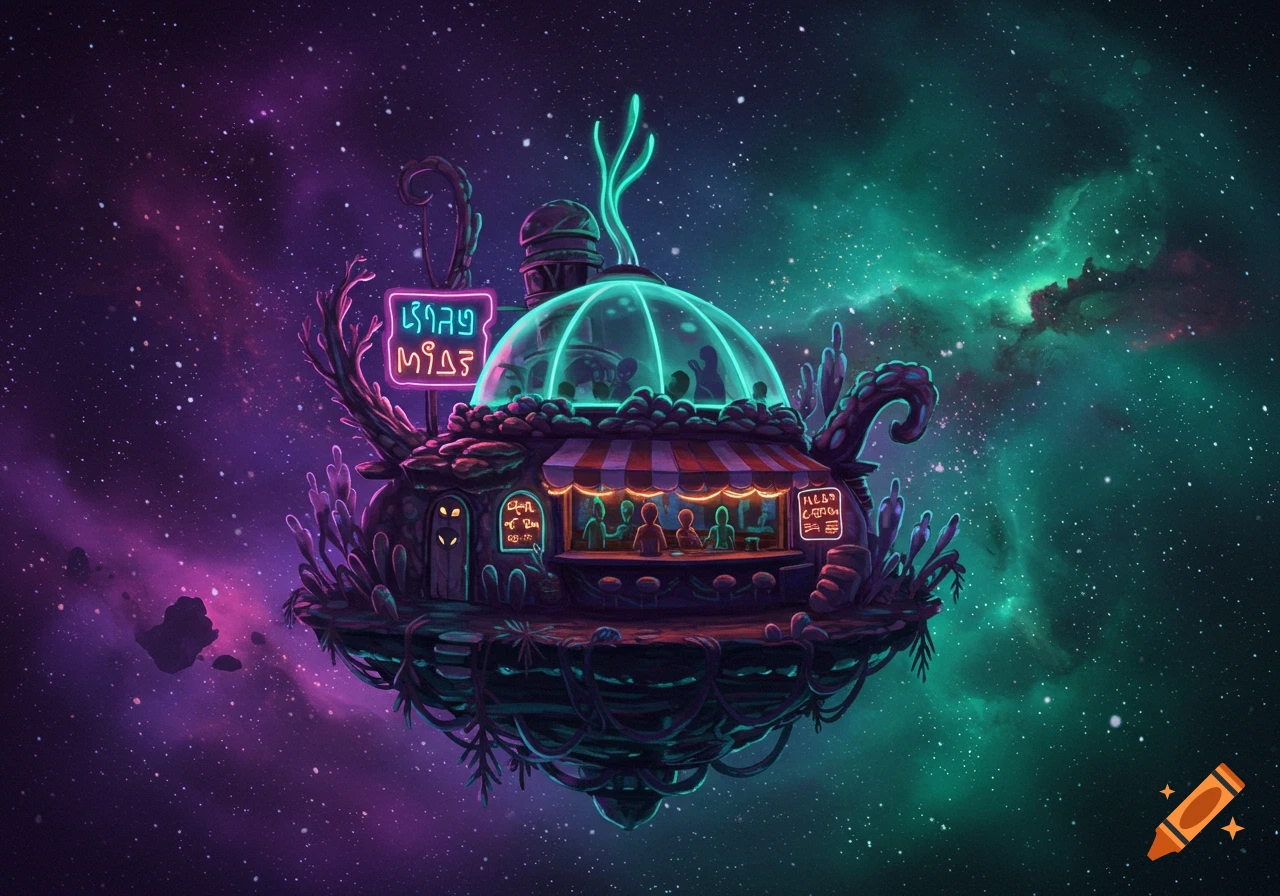 A vibrant, stylized alien-themed restaurant floats on an island in space, with neon signs and glowing plants against purple and green nebulae.