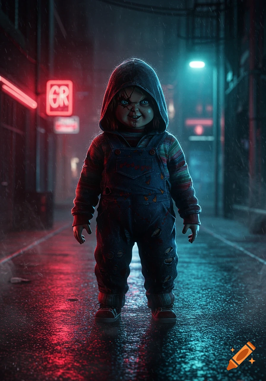 A spooky doll resembling Chucky, wearing a hooded jacket and overalls, stands in a rainy, neon-lit urban alley at night.
