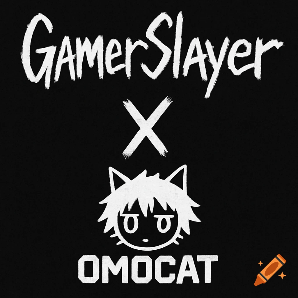 White text 'GamerSlayer X OMOCAT' with a white stylized cat character on a black background.