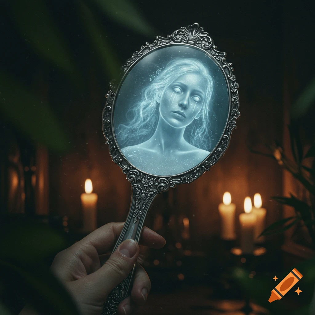 A hand holds an ornate mirror reflecting a pale, ethereal ghost woman with white eyes and tears, amidst candlelight.