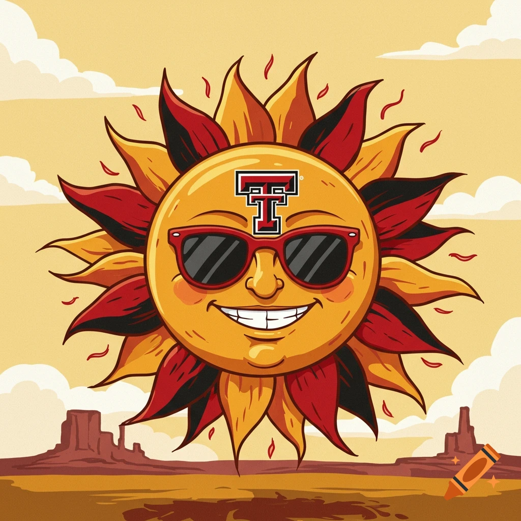 Cartoon sun with sunglasses and Texas Tech logo, smiling in a desert landscape with mesas.