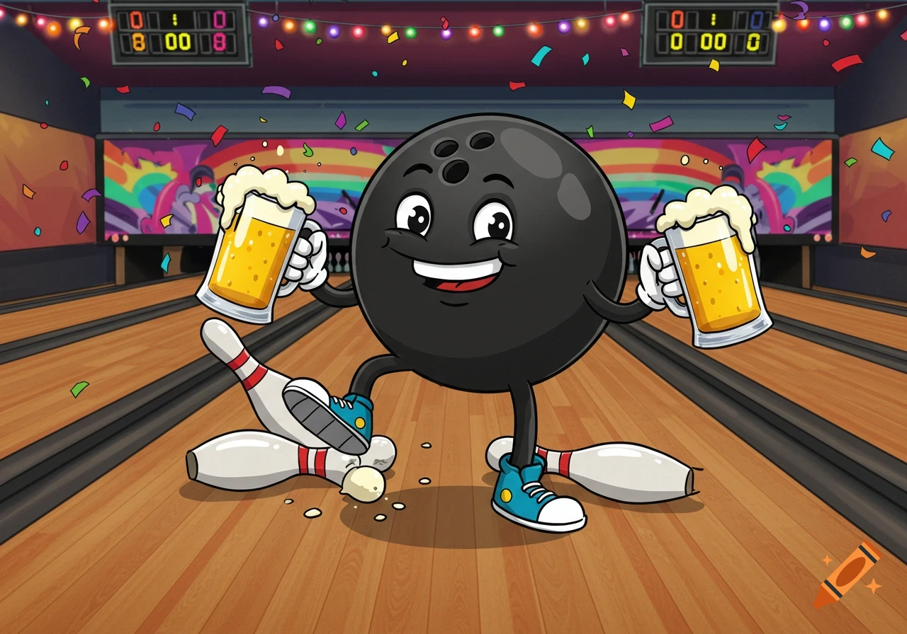 A happy cartoon bowling ball character holding two beers, stepping on a knocked-down bowling pin in a confetti-filled bowling alley.