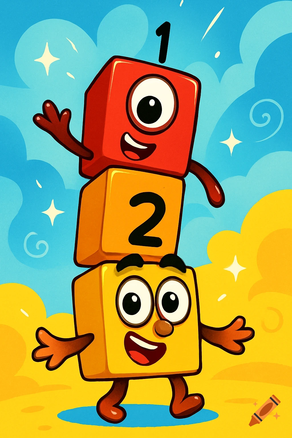 Vibrant cartoon illustration of stacked anthropomorphic number blocks, '1' and '2', with a yellow block at the bottom, smiling and waving.