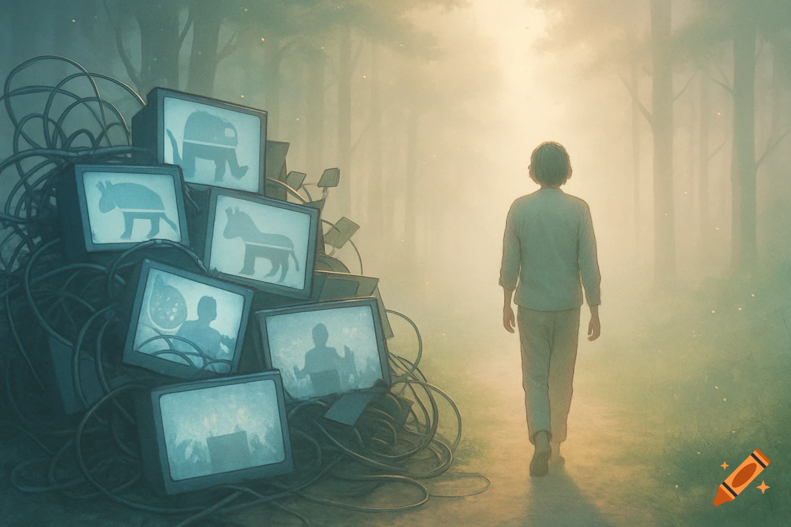 A child-like figure walks into a misty forest, away from a pile of old TVs displaying political symbols and shadowy figures. Dreamlike style.