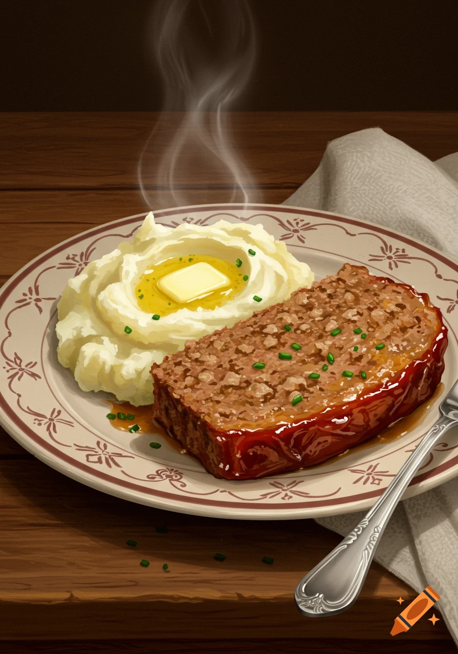 A steaming plate of meatloaf with gravy, mashed potatoes with a pat of butter and chives, and a fork on a wooden table.