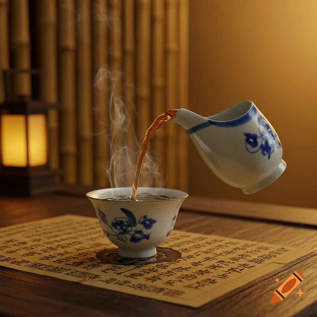 A traditional East Asian tea ceremony scene with tea being poured from a decorated pot into a small cup, with steam rising.