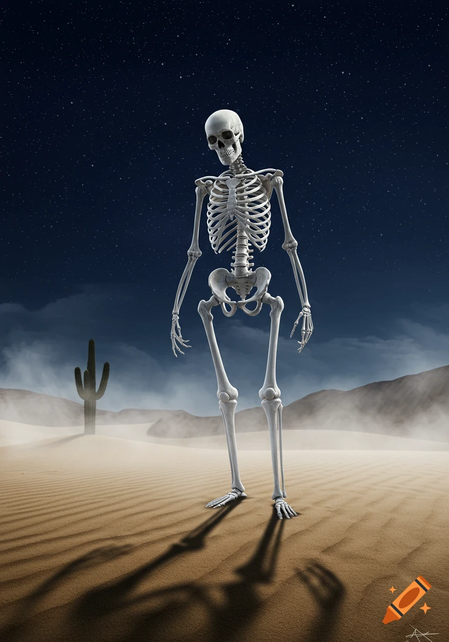 A skeleton stands in a vast, moonlit desert landscape with sand dunes, a saguaro cactus, and a starry night sky.