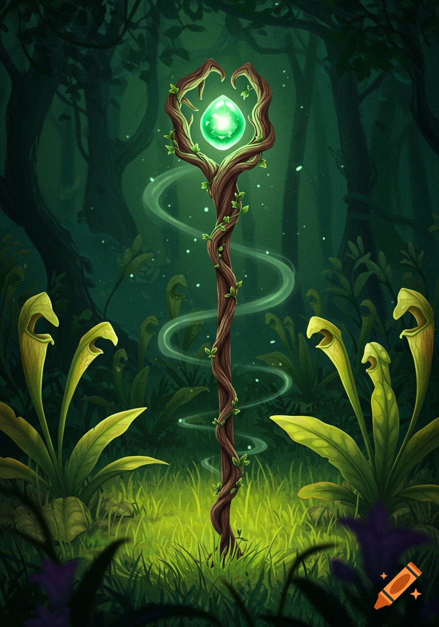 A glowing magic staff with a green crystal, made of twisted wood and leaves, surrounded by pitcher plants in a dark, lush forest.