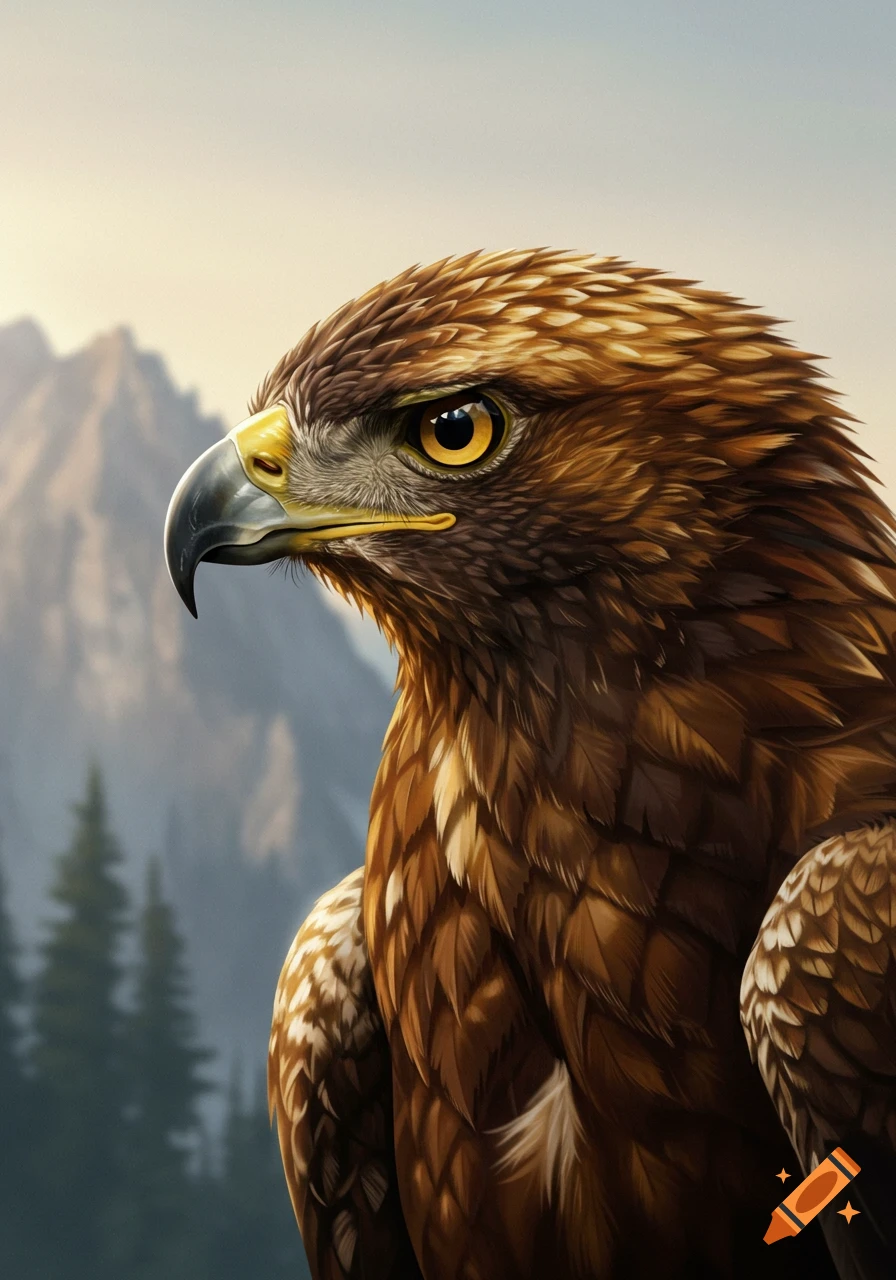 Detailed portrait of a golden eagle with golden-brown feathers and a sharp yellow eye, mountains in the background, in an illustrative style.