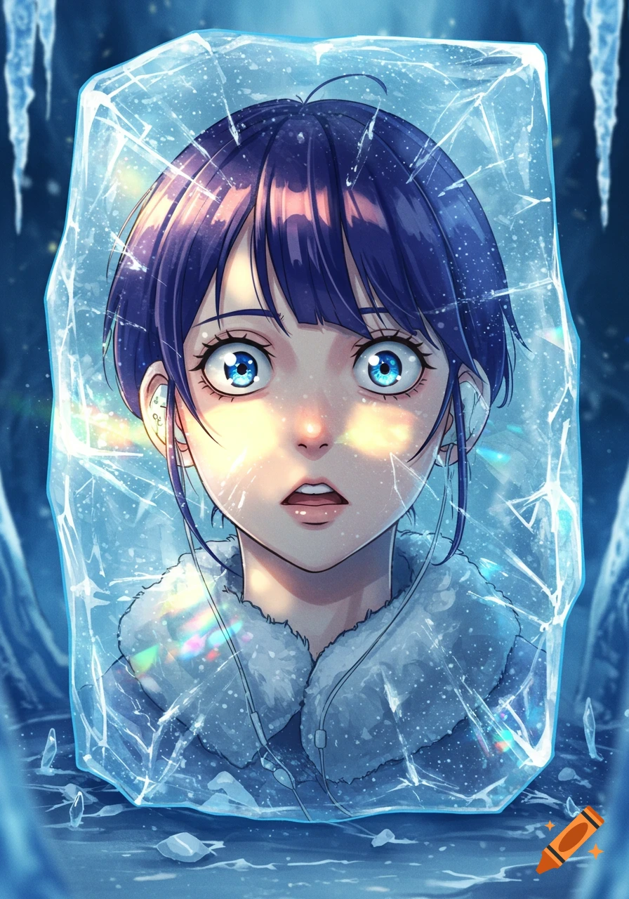 Anime illustration of a surprised girl with blue hair and big blue eyes, frozen inside a clear block of ice with icicles around her.