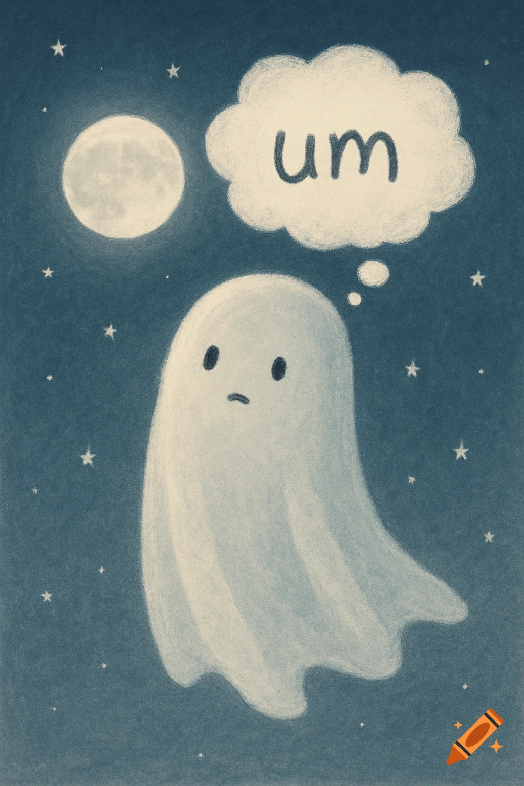 A cute, textured illustration of a simple white ghost floating under a full moon and stars, with a thought bubble saying 'um'.