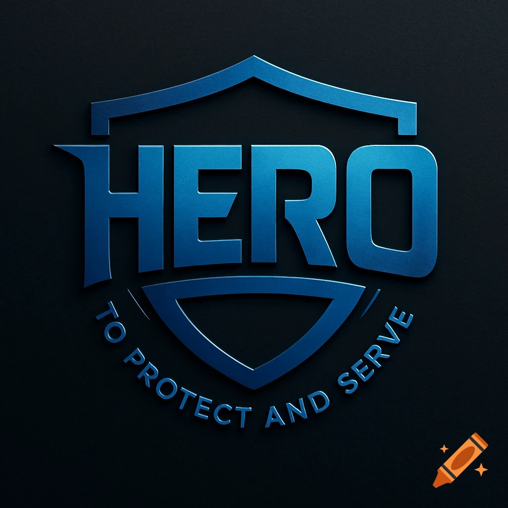 Blue metallic shield logo with the word HERO and 'TO PROTECT AND SERVE' curved below, on a dark background.