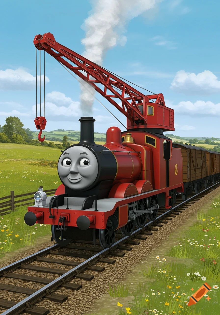 A red cartoon train with a smiling face and a red crane attached to its back, on railroad tracks in a green, flowery field under a blue sky.