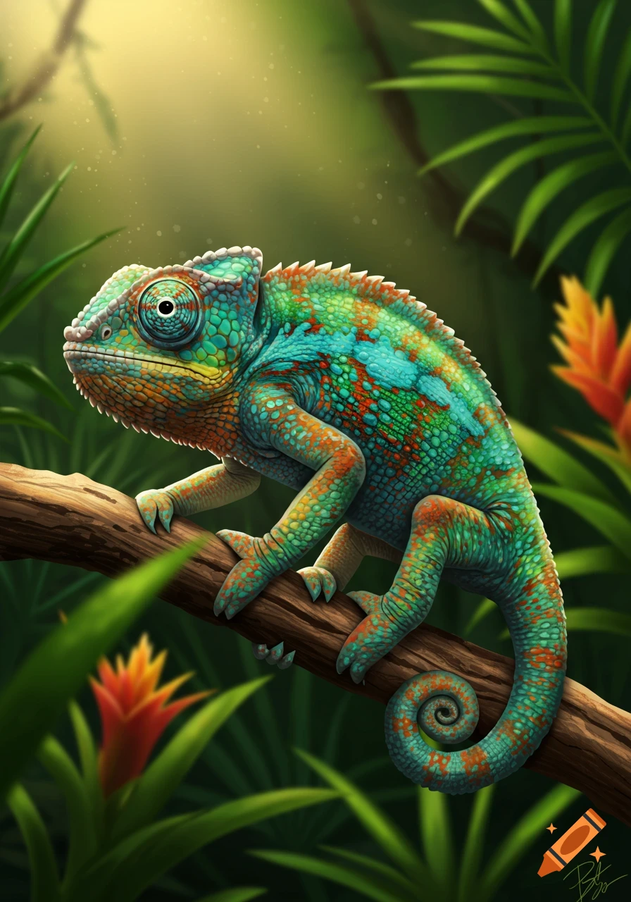 A colorful chameleon with turquoise, orange, and green scales perches on a brown branch in a lush tropical jungle, digital art.