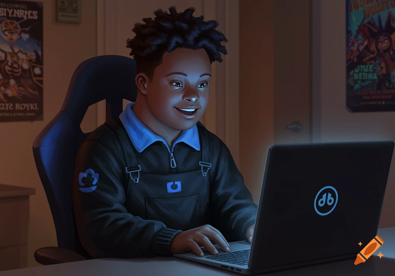 A smiling Black boy with Down syndrome and messy hair sits in a gaming chair, looking at a laptop with a blue logo. He wears a black jumper with a blue symbol and a blue collared shirt. Posters adorn the wall in the background.