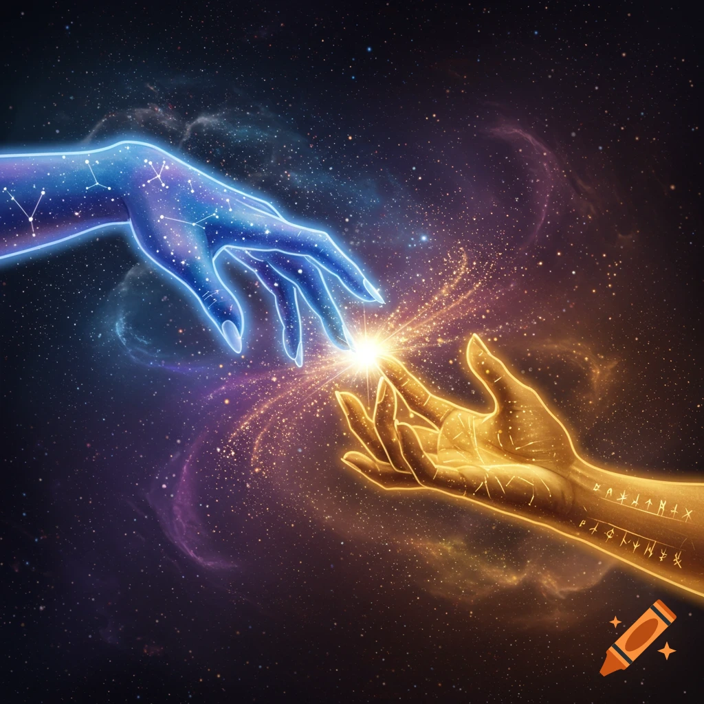 A blue, star-filled hand and a golden, rune-etched hand touch fingertips in a vibrant cosmic space, digital art.