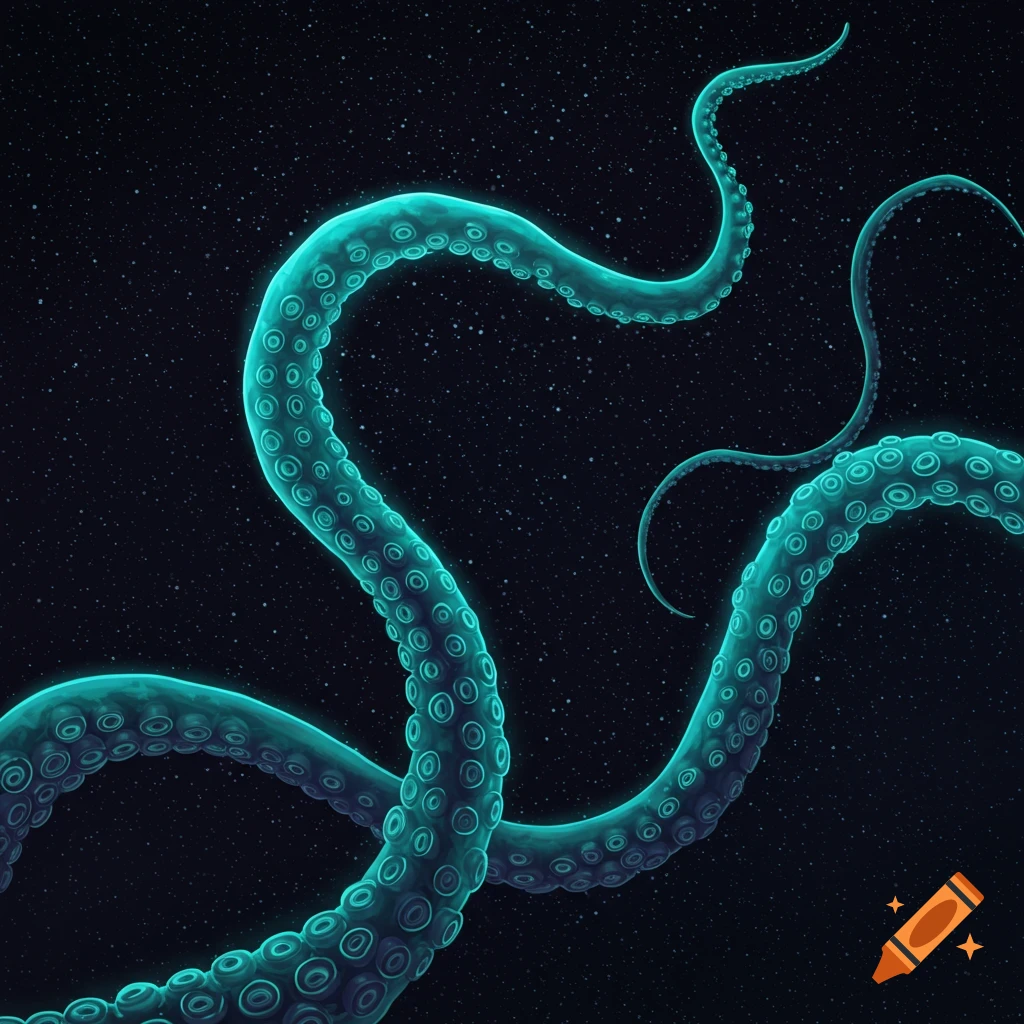 Glowing teal tentacles winding through a dark, starry cosmic background.