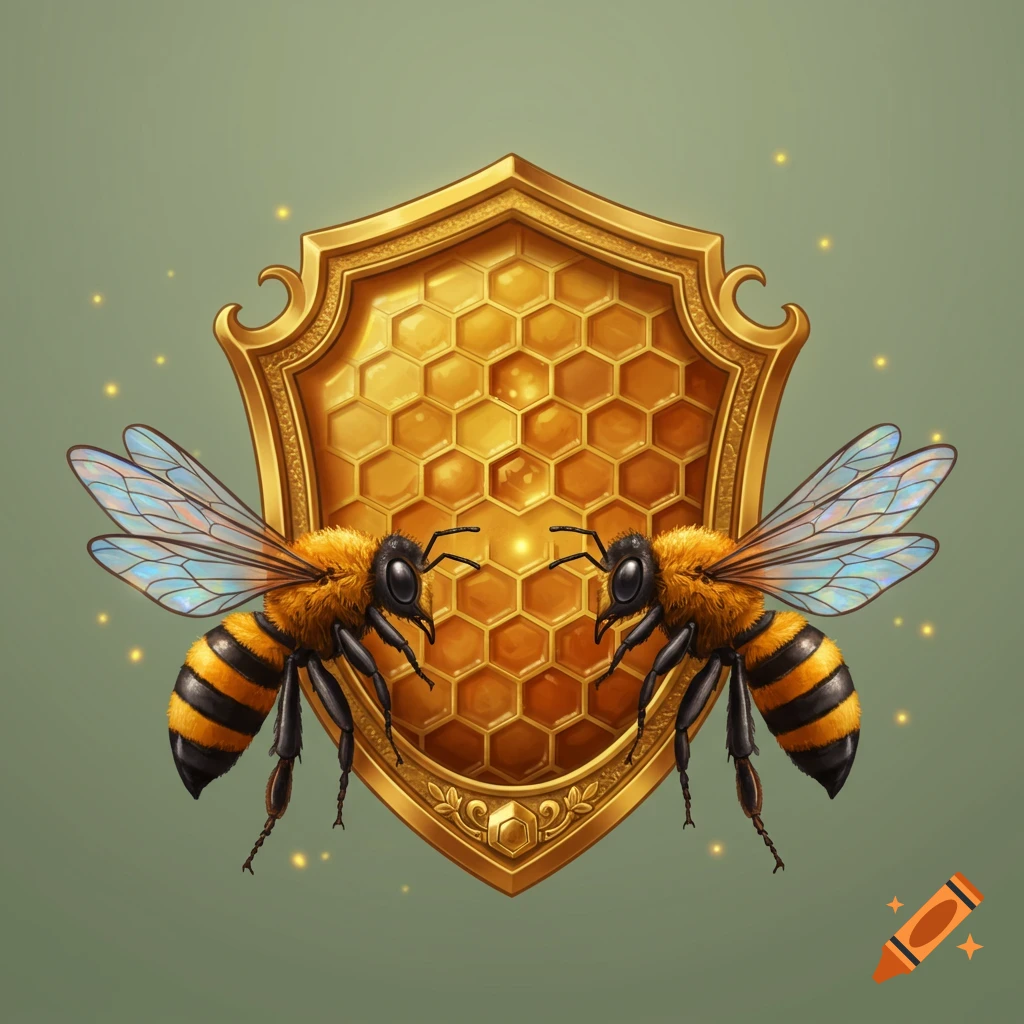 Two fuzzy bees flank an ornate golden shield with a honeycomb pattern, on a green background with sparkles, in an illustrative style.