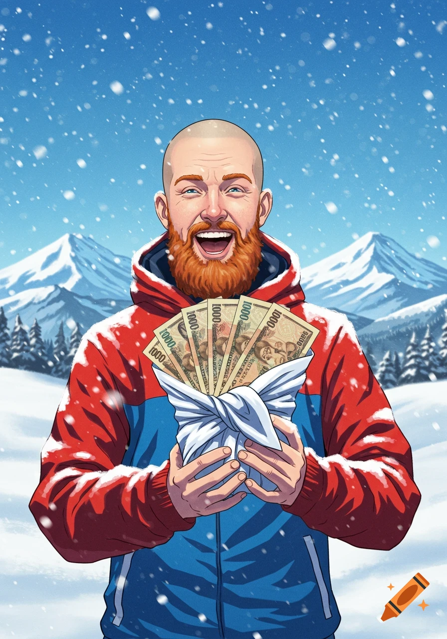 An illustrated happy bald man with a ginger beard in a winter coat holds a wrapped cash gift with 1000 yen bills in a snowy mountain scene.