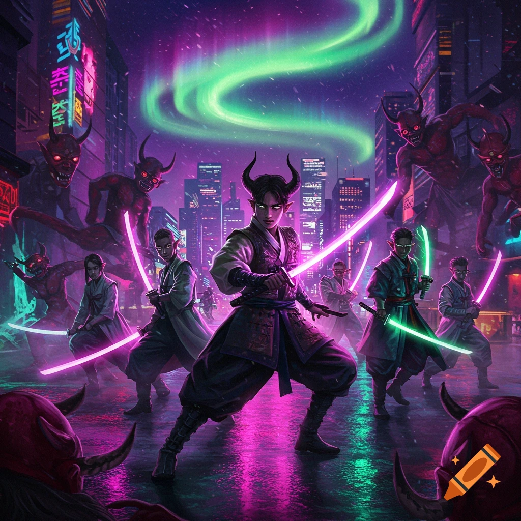 K-pop inspired demon hunters with glowing swords confront stylized demons in a vibrant, neon-lit cyberpunk city under a green aurora.