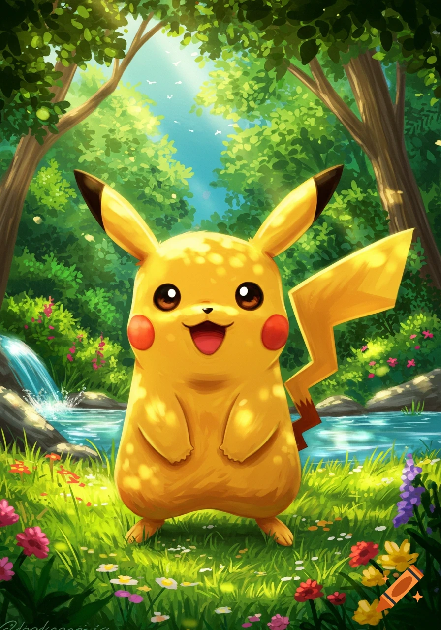 A cute, smiling Pikachu with rosy cheeks stands in a vibrant, lush forest with a waterfall, a stream, and colorful flowers.