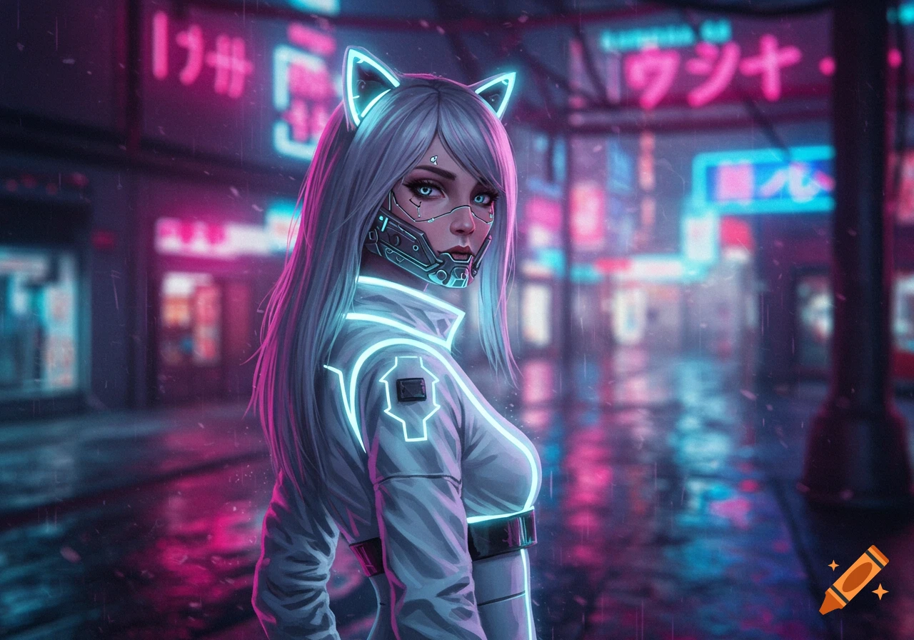 A cyberpunk girl with white hair, glowing cat ears, and a cybernetic mask stands in a neon-lit futuristic city.