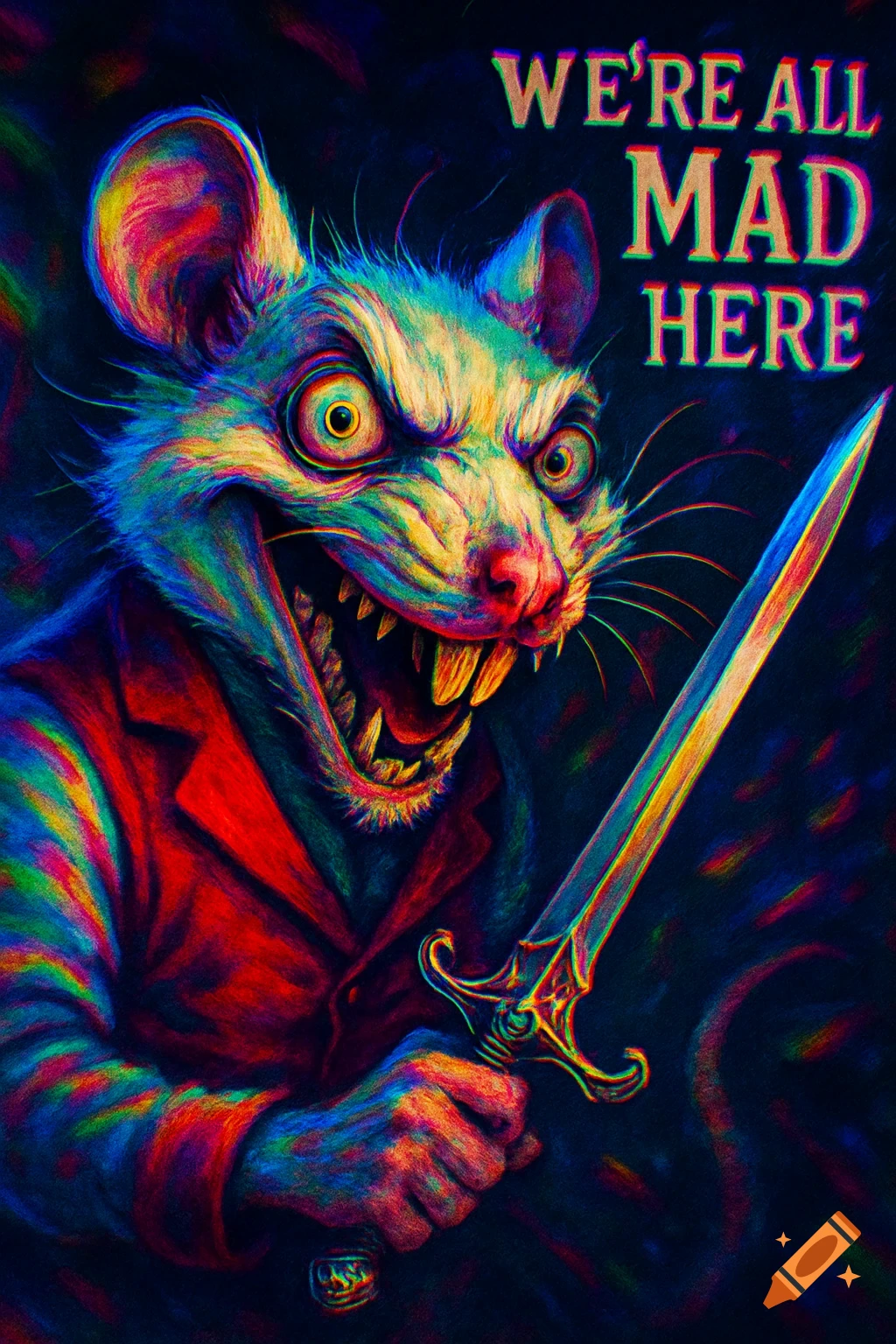 A crazed, multicolored rat in a red coat grins menacingly, holding a sword, with 'WE'RE ALL MAD HERE' above its head. Twisted Alice in Wonderland style.