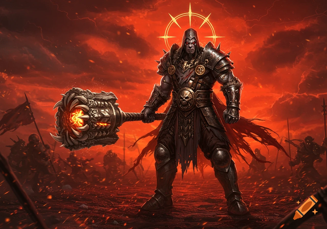 A dark fantasy warrior in ornate armor, wielding a massive fiery maul, stands on a fiery battlefield under a red sky.