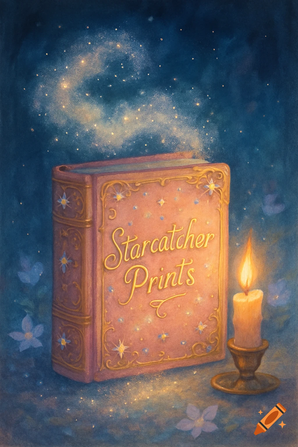A pink spell book titled 'Starcatcher Prints' glows with starlight next to a lit candle on a dark blue, magical background.
