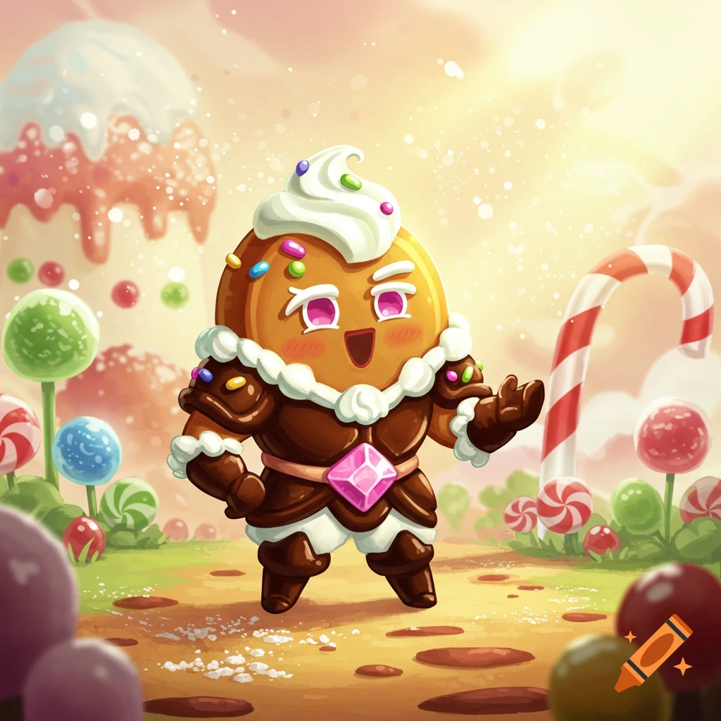 A cute gingerbread cookie character with chocolate and frosting in a vibrant candy land, in Cookie Run Kingdom art style.