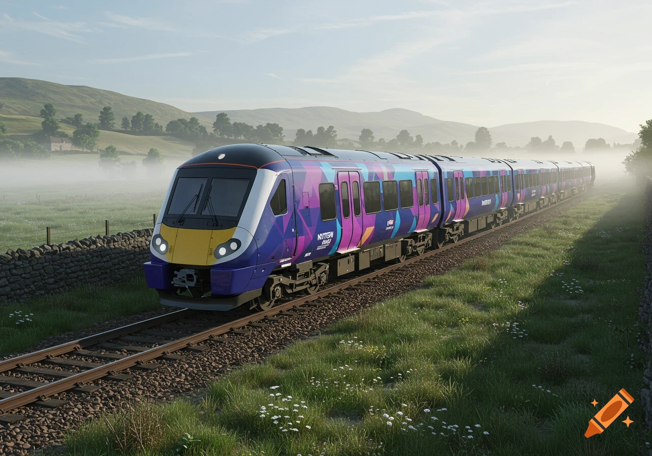 A modern purple and blue train with geometric patterns travels on tracks through a misty green valley.