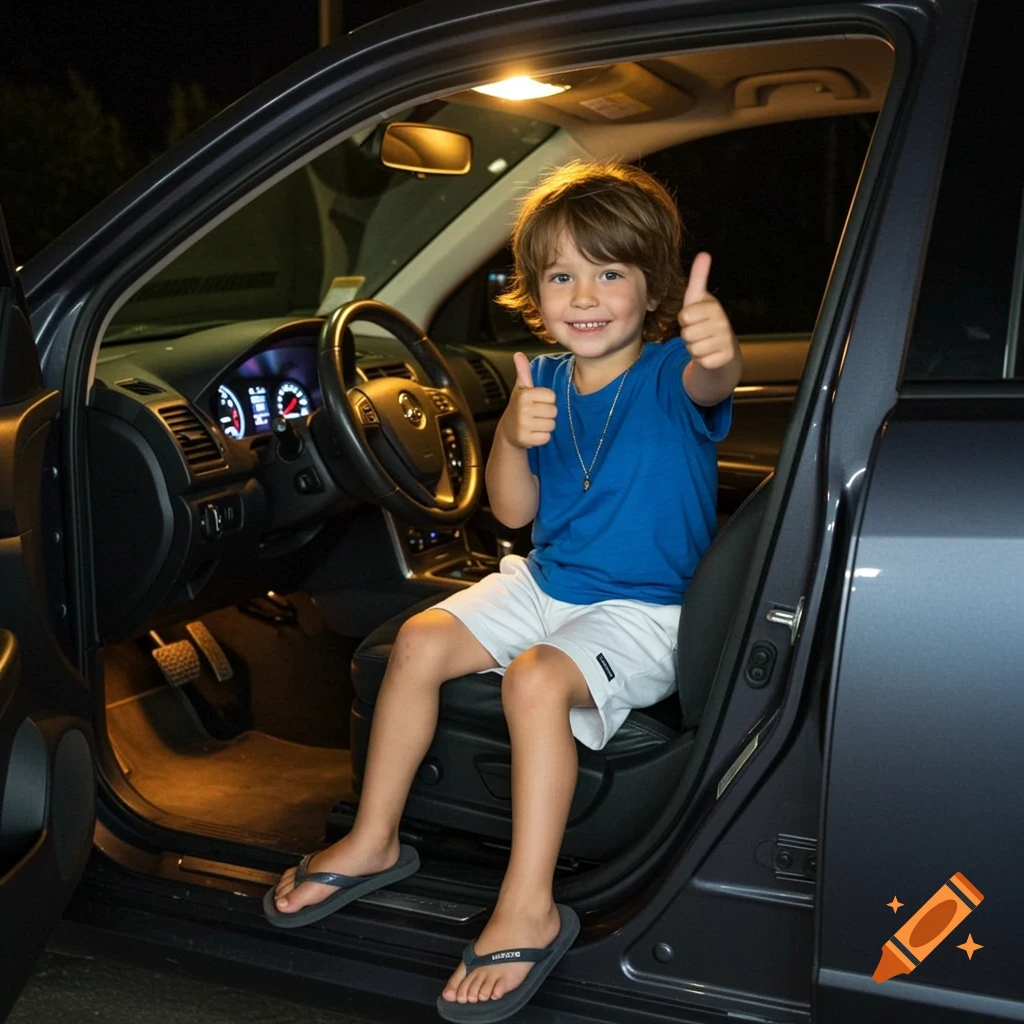 A young boy with brown hair in a blue shirt and white shorts sits in a car, smiling and giving two thumbs up.