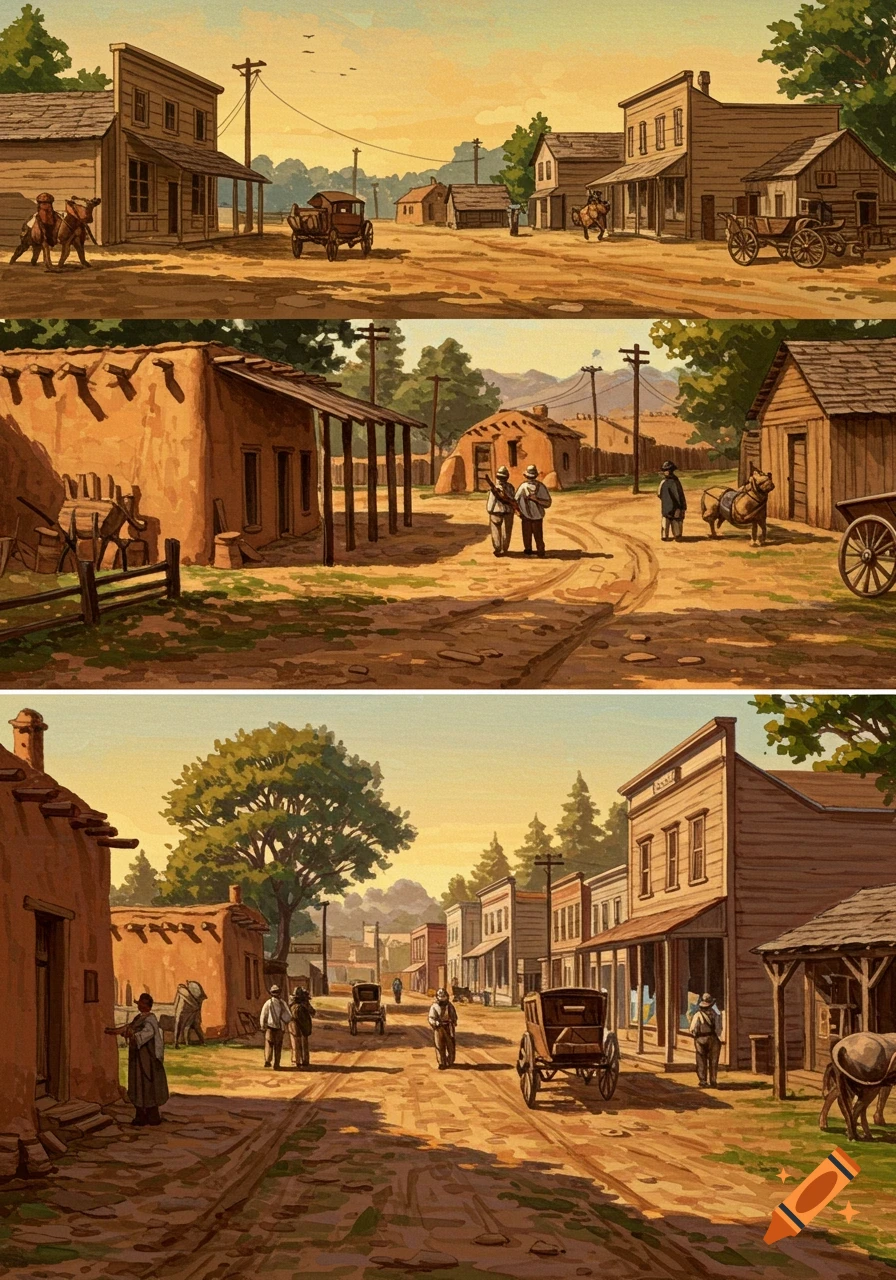 Stylized illustration of a 19th-century frontier town with adobe and wooden buildings, people, horses, and wagons on a dirt street.