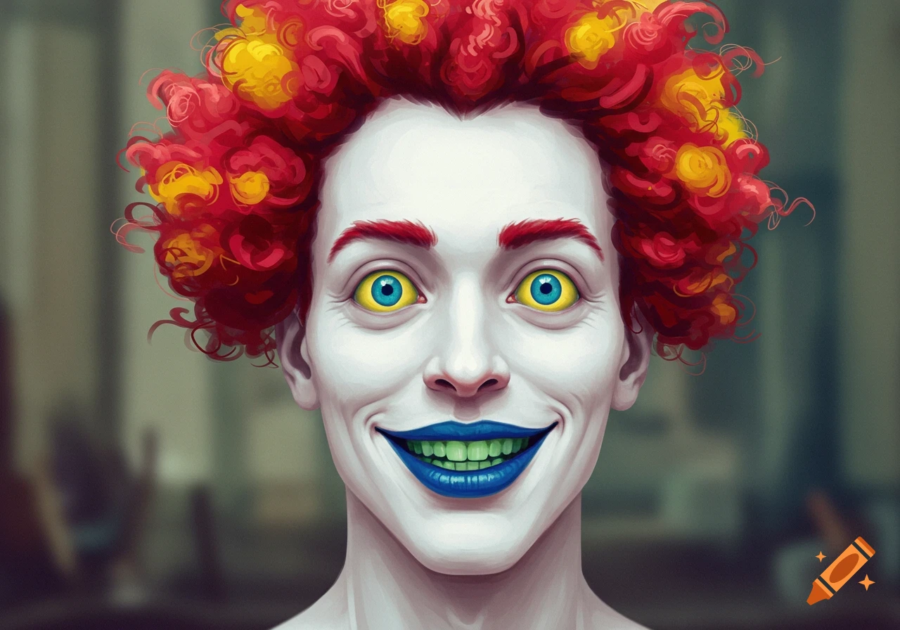 A stylized portrait of a man with white skin, red and yellow curly hair, yellow and blue eyes, blue lips, and green teeth, smiling widely.