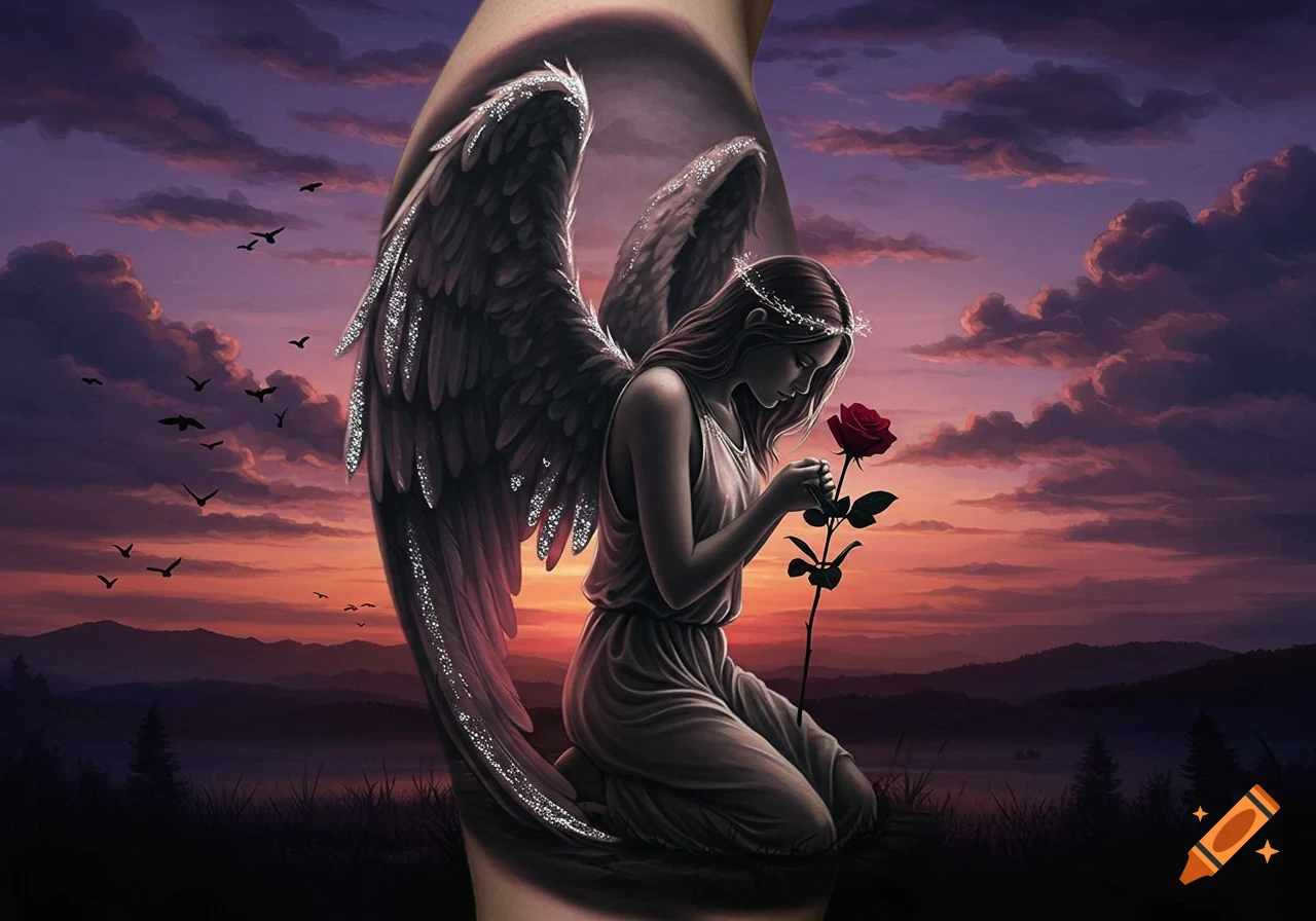 A fantasy angel with shimmering wings kneels, holding a red rose against a sunset horizon, rendered as a tattoo on an arm.