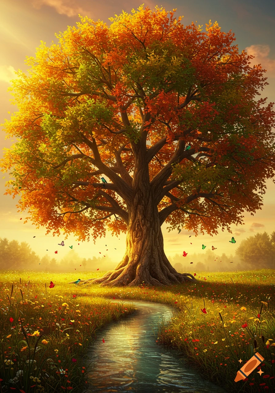 Vibrant autumn tree with a winding stream through a wildflower meadow at sunset, digital painting style.