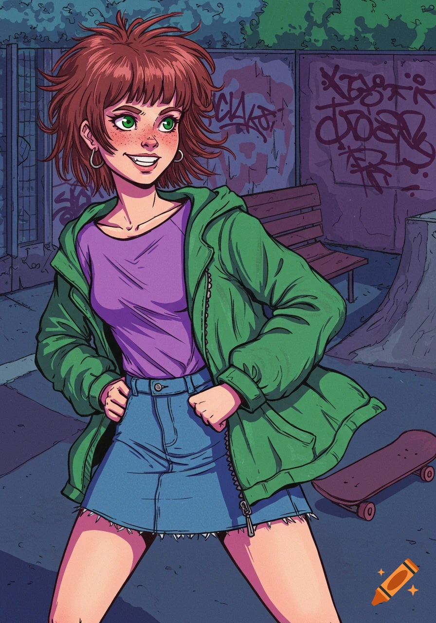 A comic drawing of a red-haired teen tomboy in a green windbreaker and denim skirt, smiling in an urban skate park with a skateboard nearby.