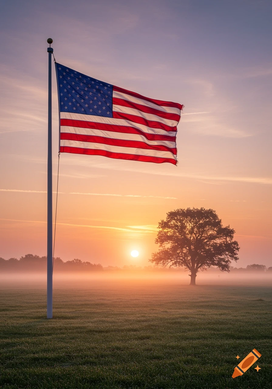 American flag flying on a pole in a foggy field at sunrise with a silhouetted tree.