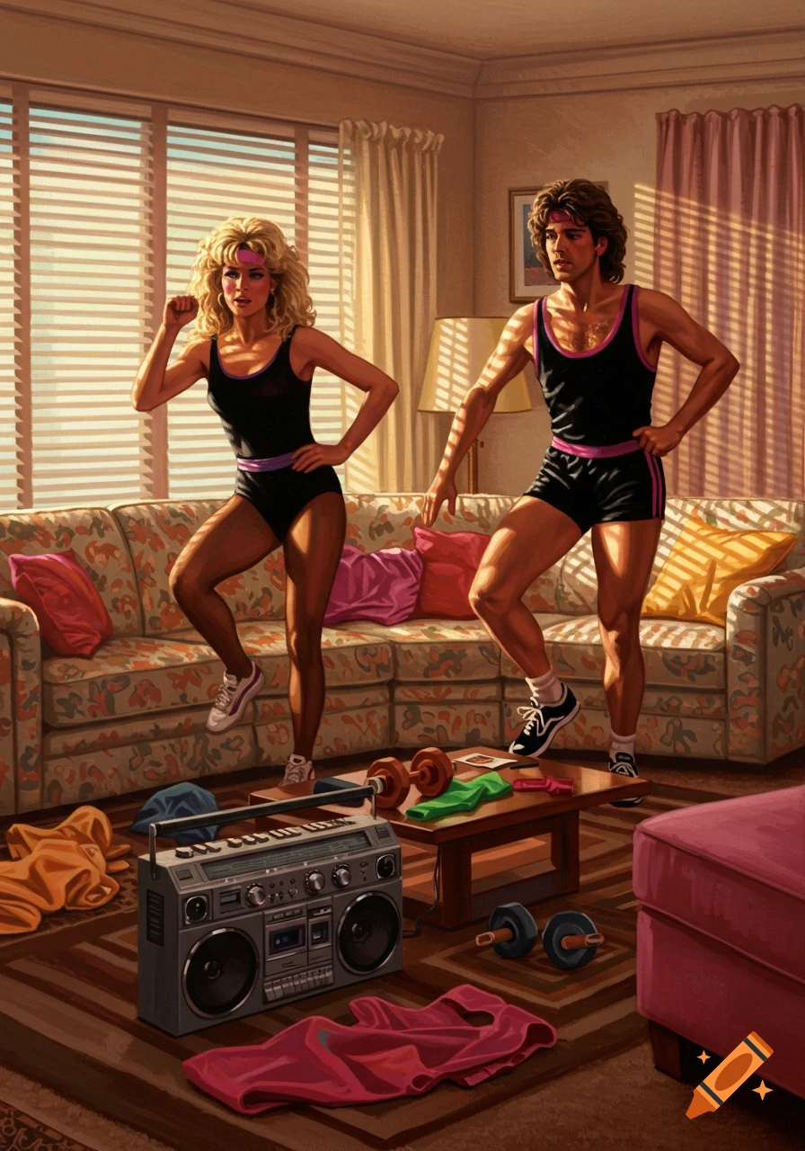 An 80s illustration of a man and woman in leotards exercising in a living room with a boombox and dumbbells.