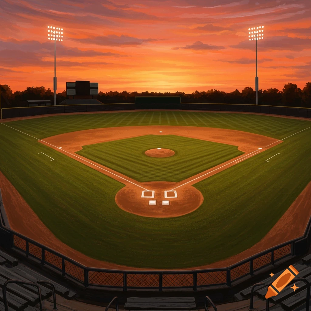 An empty baseball field at sunset, with stadium lights illuminating the field under a vibrant orange sky.