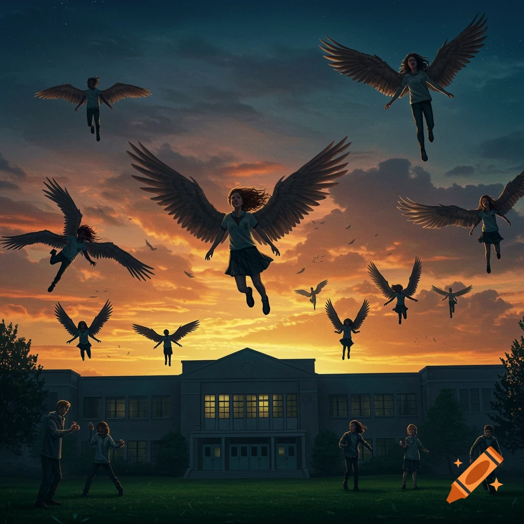Children and teenagers with large wings fly through a sunset sky above a school building, while others stand on the grass below.